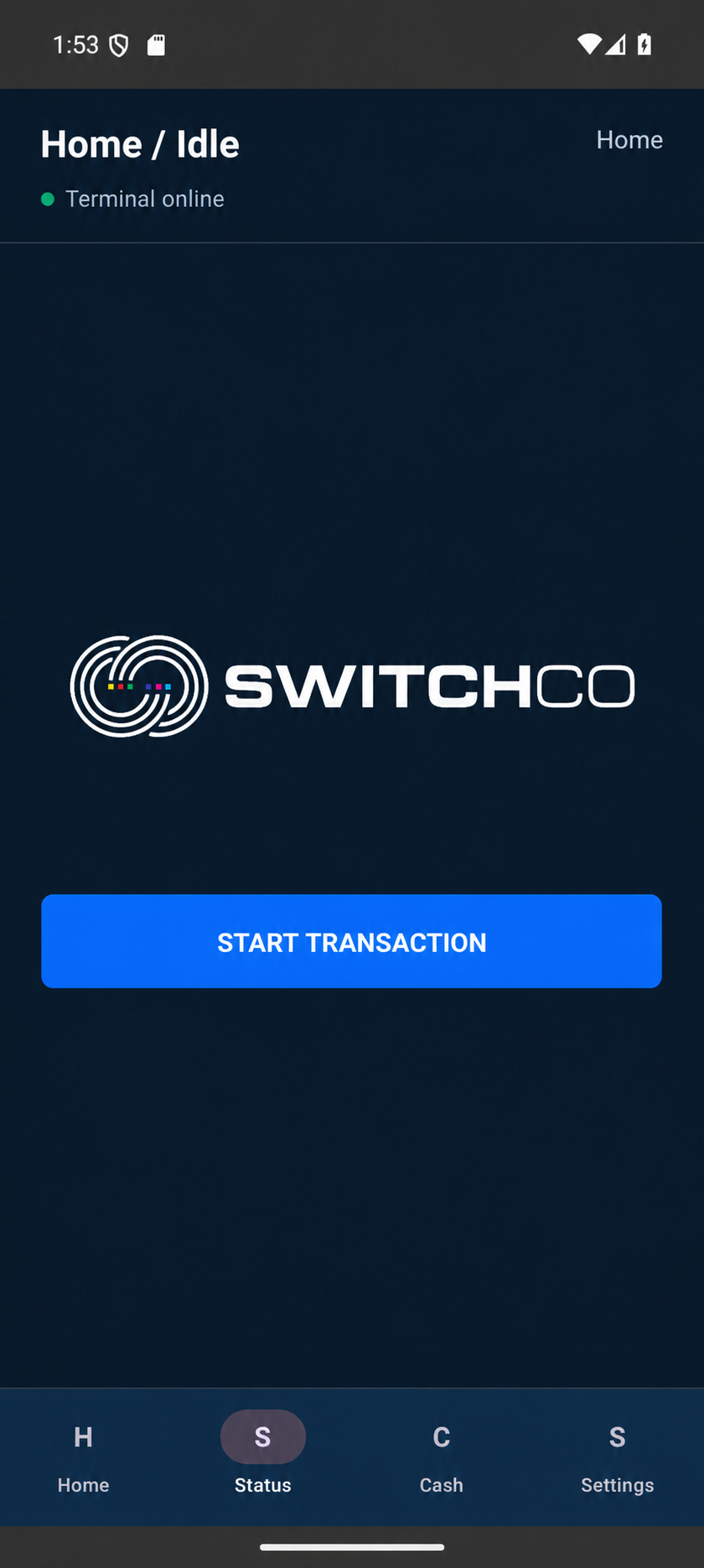 SwitchCo CATM Home and Idle terminal screen with Start Transaction action
