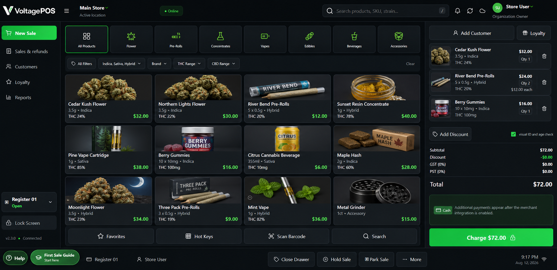 VoltagePOS register showing cannabis products, an active cart, compliance checks, totals and checkout controls